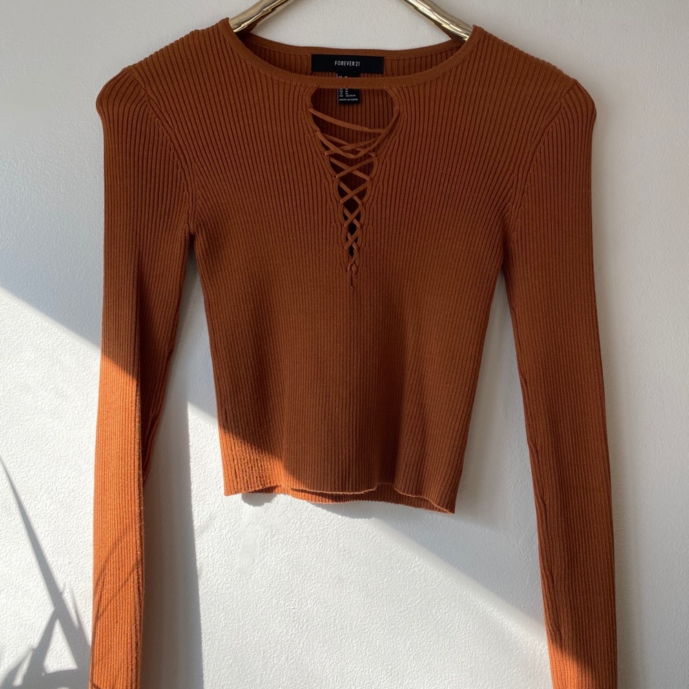 Forever 21 Orange/Brown Long Sleeve Crop Top